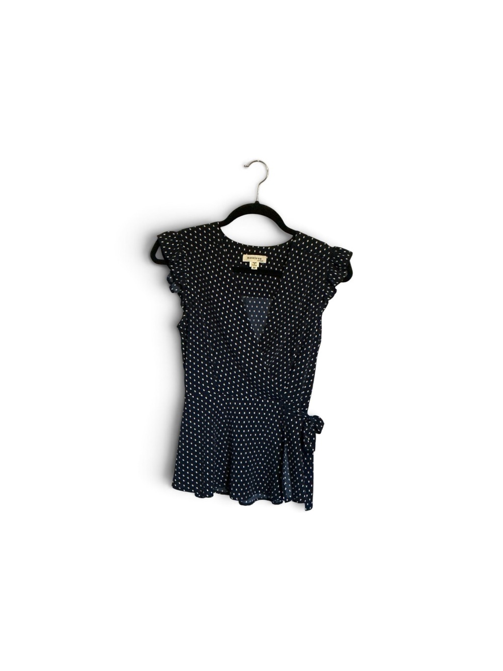 Monteau Navy Wrap Top with White Polka Dots